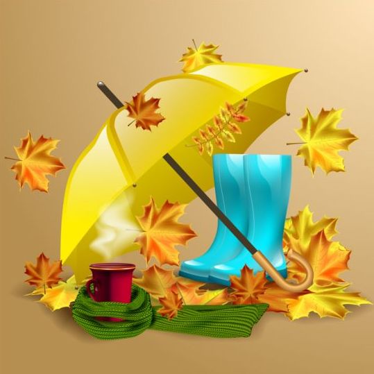 Herbstblätter mit Stiefeln und Regenschirmvektor 01  
