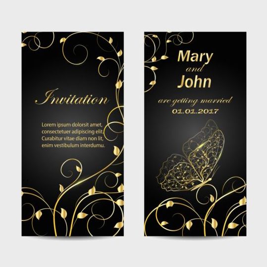 Schwarze Hochzeits-Einladungskarte mit goldenem Blumenvektor 02  