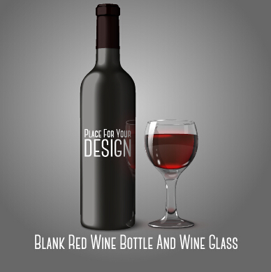 Blank red wine bottle and wine glass vector  