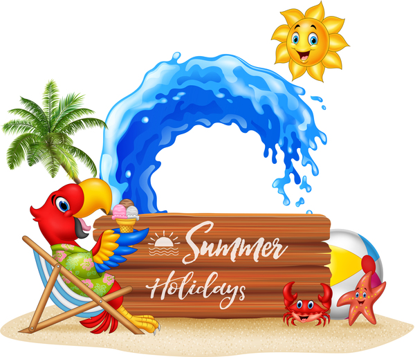 Cartoon summer holiday background with wooden plaque vector 04  