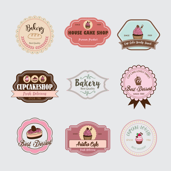 Cup cake badge with labels retro vector 09  