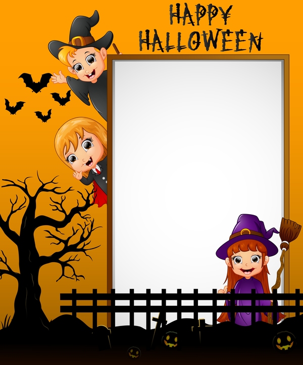 Nette Kinder mit Halloween-leerem Hintergrundvektor 09  