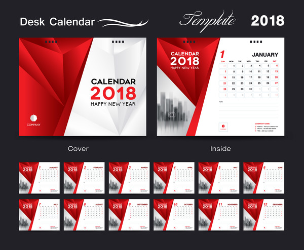 Bureau calendrier 2018 modèle couverture rouge conception vecteur 08  