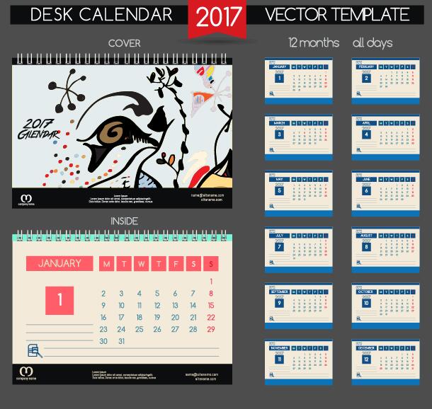 Desk calendar 2017 vector retro template 06  