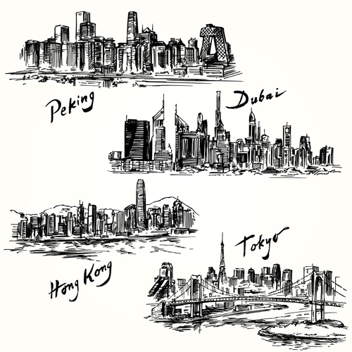 Famous cities buildings hand drawn vector 07  