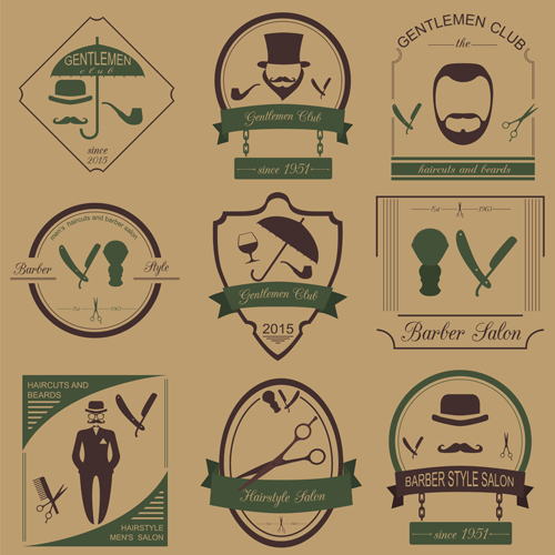 Haircuts and beards salon labels vector 01  