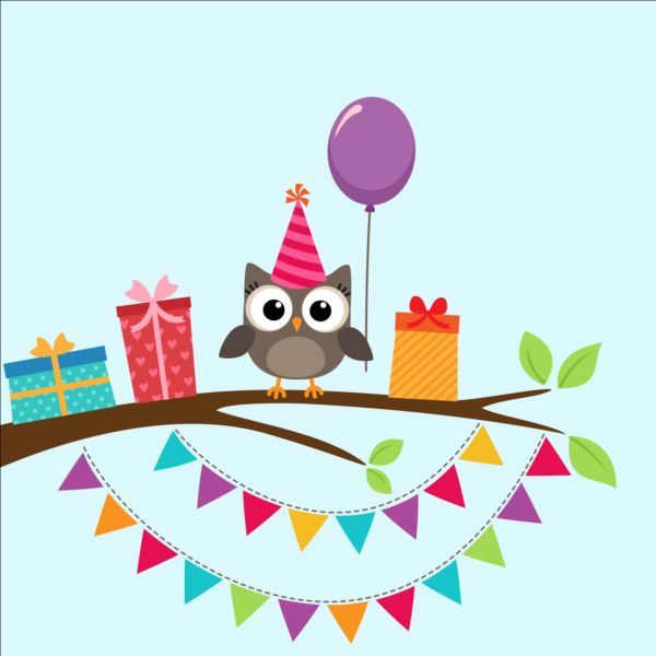 Happy birthday card and cute owls vector 06  