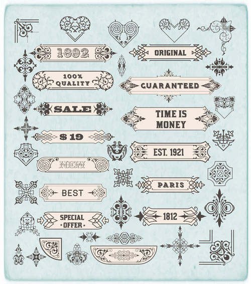 Ornamental elements and labels vintage style vector 02  