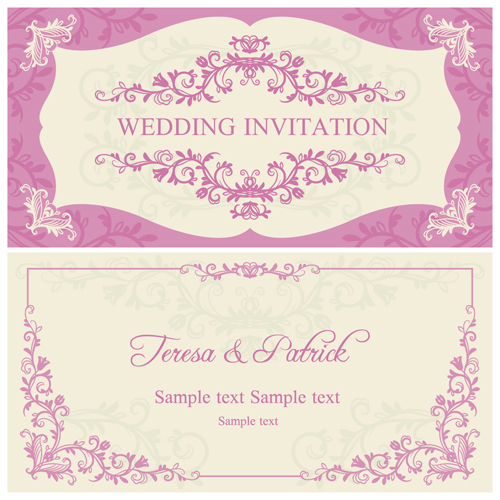 Ornate pink floral wedding invitations vector 04  