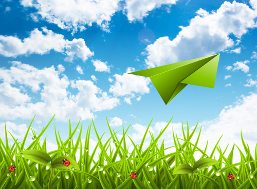 Paper airplane with spring background vector  