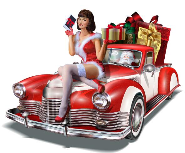 Rotes Auto mit schönem Weihnachtsmädchenvektor  