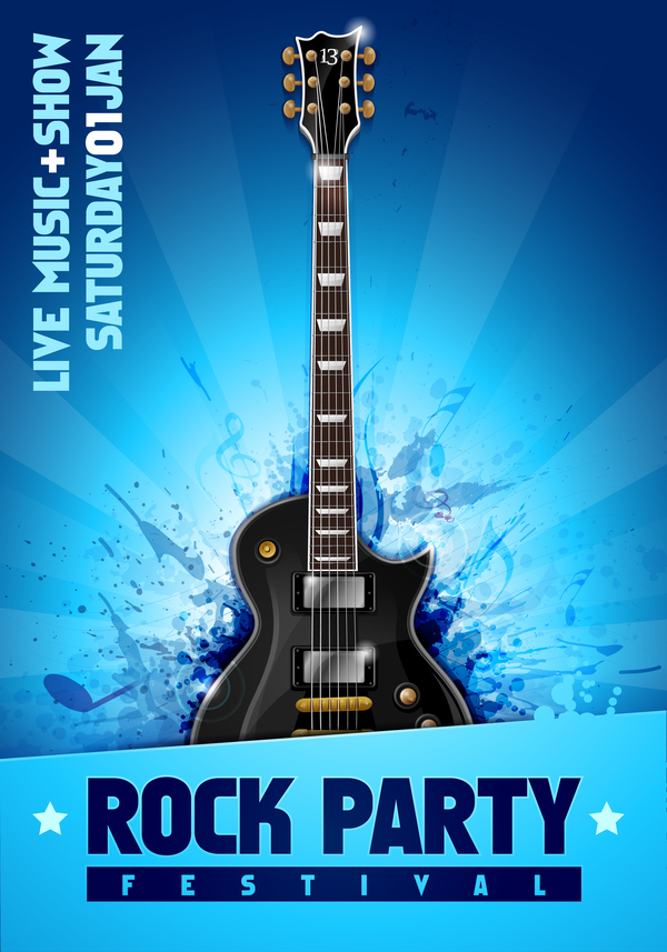 Rock festival party poster with guitar vector 13  