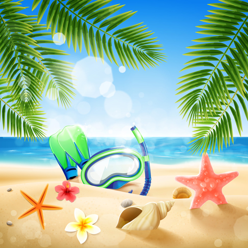 Shell with flower summer beach background vector 05  