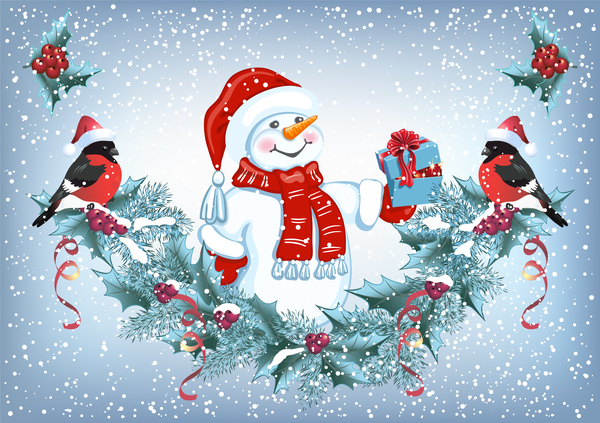 Schneemann und Vogel mit Weihnachten-backgorund Vektor  