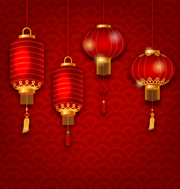 lantern with chinese new year red background vector 01  