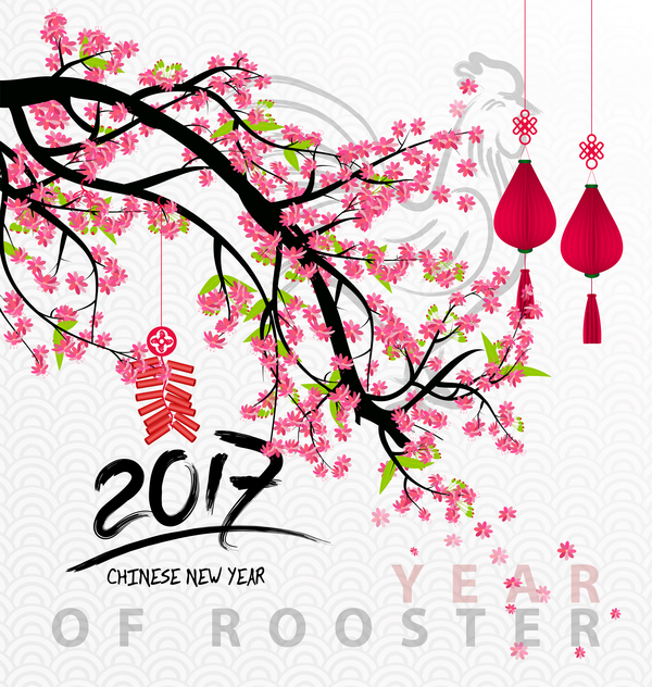 2017 chinese new year of rooster with flowers vector 04  
