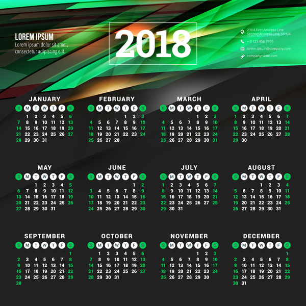 2018 calendar with green abstract background vector 01  