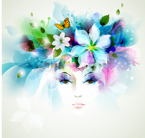 Beautiful women face with watercolor flower vector 04  
