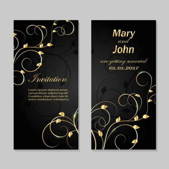 Carte d’invitation de mariage noir avec or vecteur floral 01  