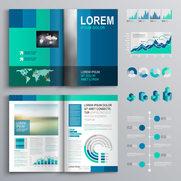 Couverture de la brochure bleue avec matériel vecteur infographique 01  
