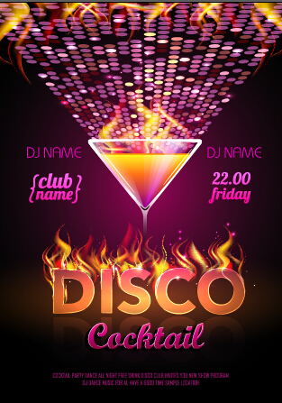 Cocktail disco night party poster vector set 01  