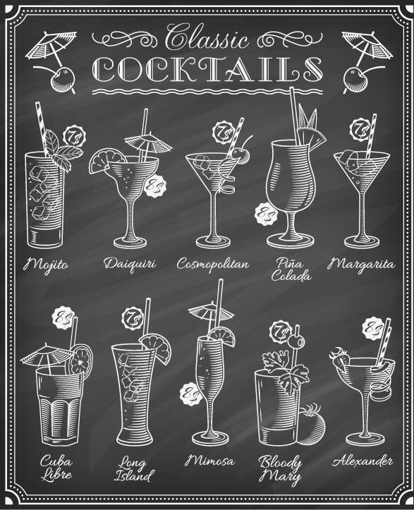 Cocktails tableau noir vecteur dessiné à la main  