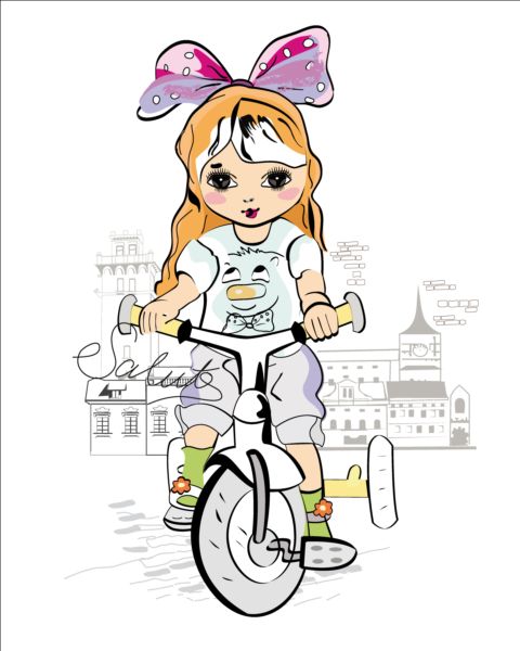 Girl bicycle with town vector  