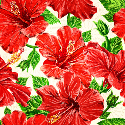 Green leaves with red flowers vector seamless pattern  