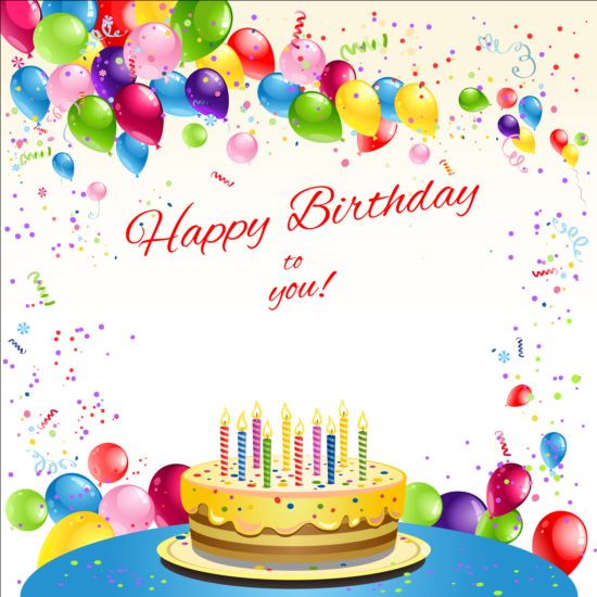 Cartolina di buon compleanno con palloncino e torta vettoriale  