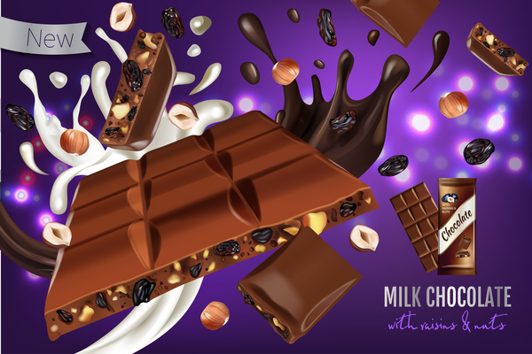 Milchschokolade mit Nüssen und Rosinenplakat-Schablonenvektor 01  