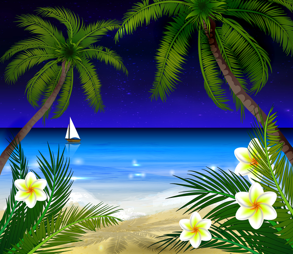 椰子の木ビーチと白い花ベクター 01  