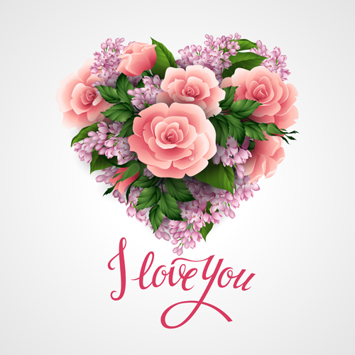 Pink flower with heart valentines day cards vector 01  