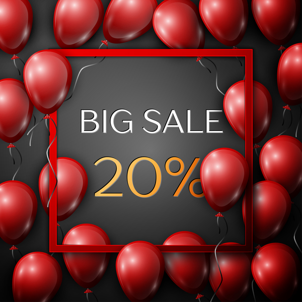 Red balloons frame with big sale percent discounts vector template 05  