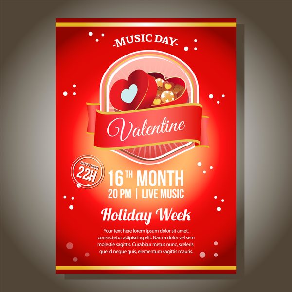 Rotes Valentinsparty-Plakat mit Schokoladenkastenvektor  