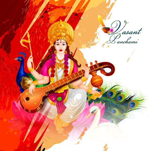 Saraswati pujan festival ethnic style vector material 06  