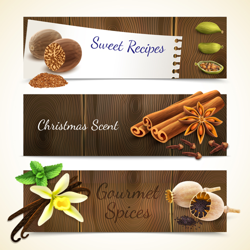 Spices with wooden textures banners vector  