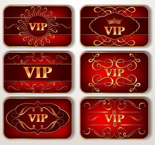 Vintage red Vip cards with floral pattern vector  