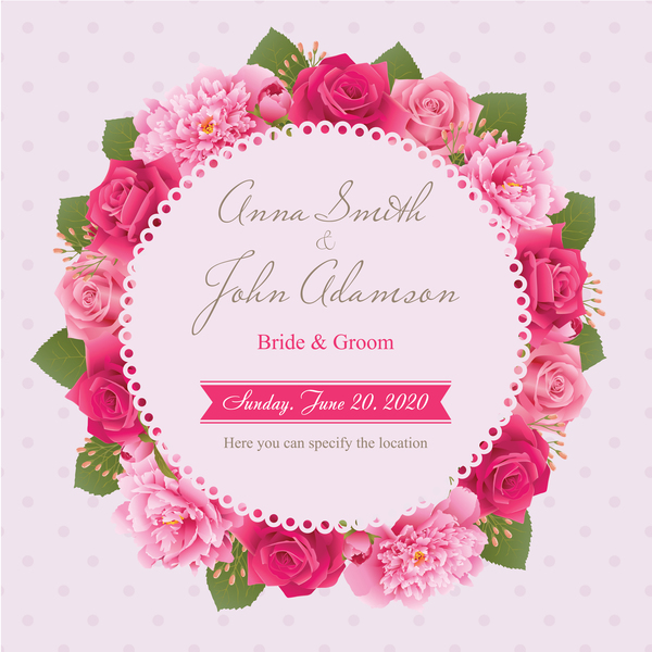 Wedding card with peony and pink roses vector 11  