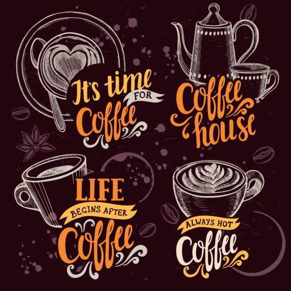 4 retro coffee logos hand drawn vector  