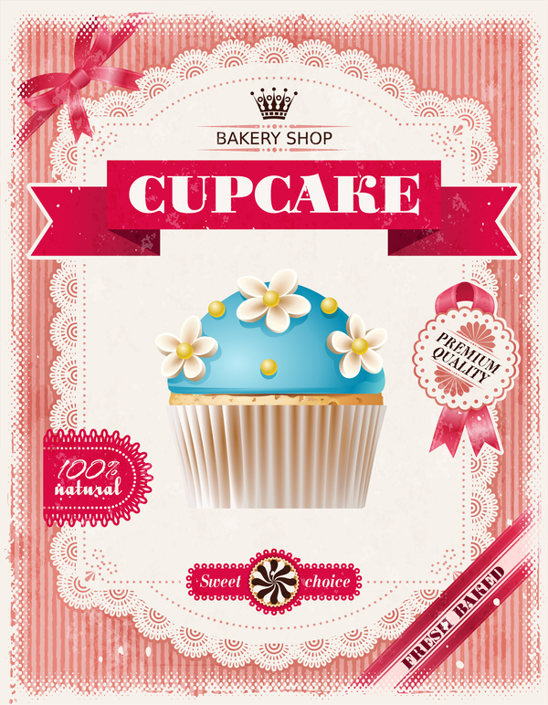 Bakery shop with cupcakes poster vintage vector 13  