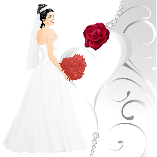 Beautiful bride and red rose wedding card vector 04  