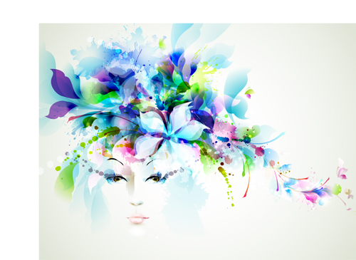 Beautiful women face with watercolor flower vector 03  