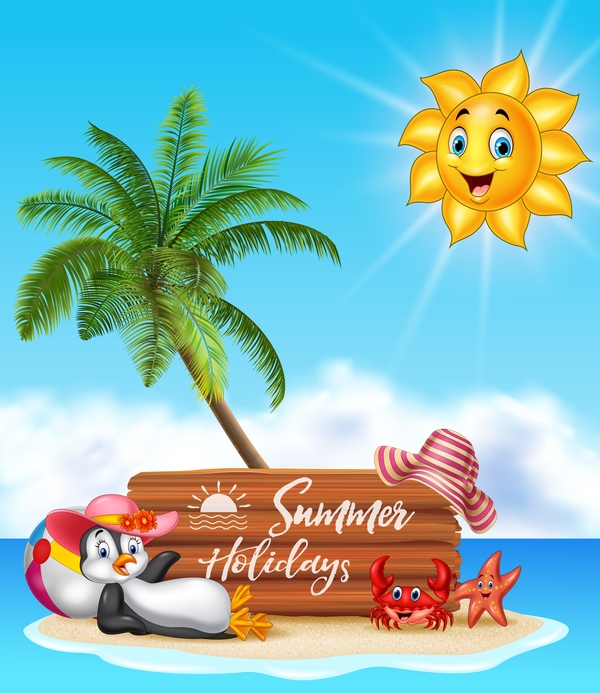 Cartoon summer holiday background with wooden plaque vector 03  