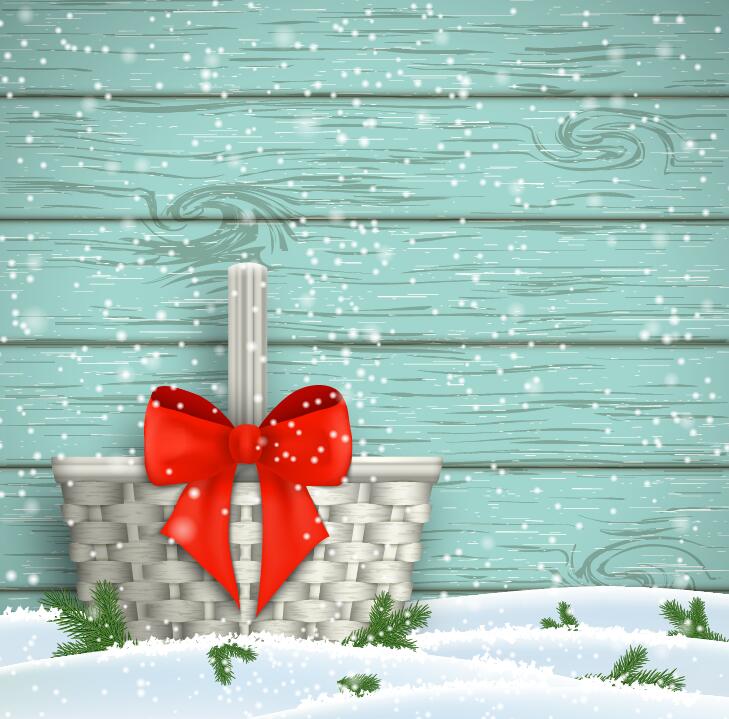 Christmas background with wooden wall and red bow vector  