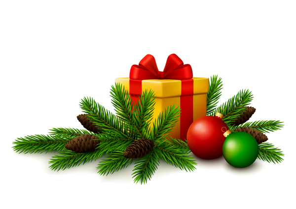 クリスマスの贈り物、モミの木ブランチ、クリスマスボール、白背景ベクトル  