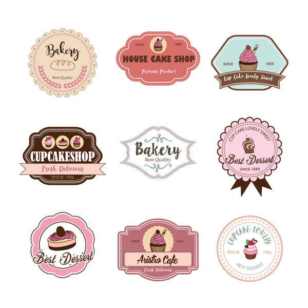 Cup cake badge with labels retro vector 08  