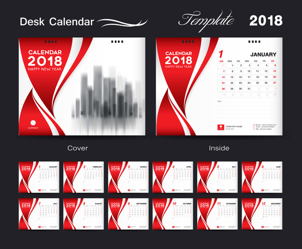 デスクカレンダー2018テンプレートレッドカバーデザインのベクトル07  