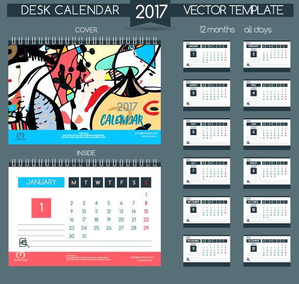 Desk calendar 2017 vector retro template 05  