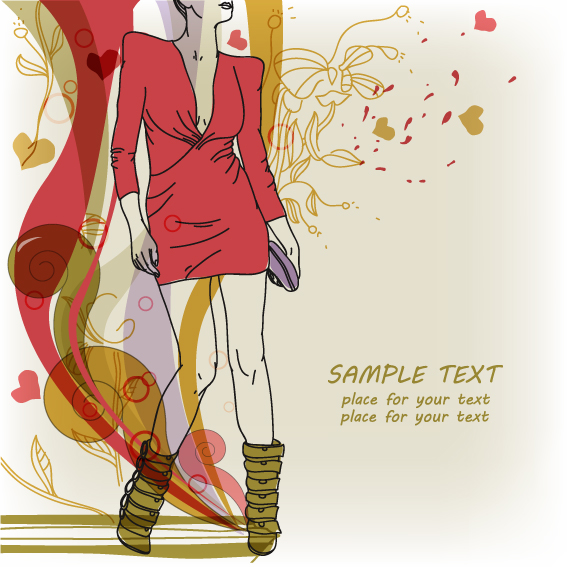 Hand drawn Woman with Fashion art background vector 05  