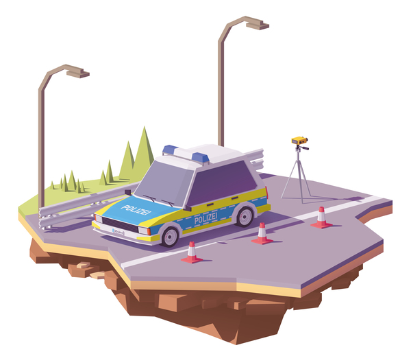 Kontrollgeschwindigkeit des deutschen Polizeiwagens mit Radargeschwindigkeitsgewehr auf dem Straßenvektor  